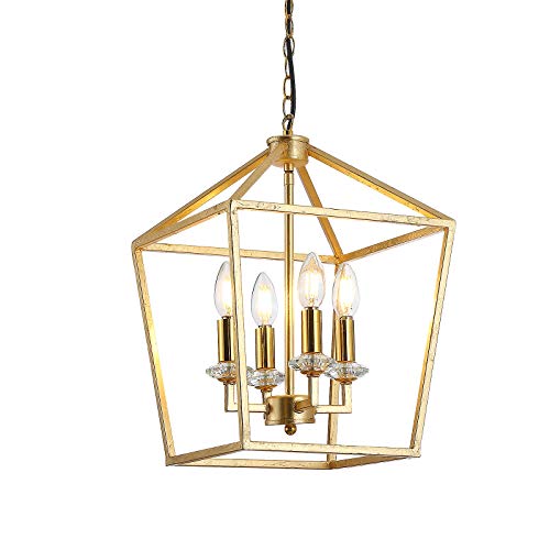 4-Light Gold Lantern Pendant Light, Foyer Chandelier Hanging Light Fixtures in Gold Foil Finished with Crystal Lamp Base for Kitchen Island Hallway Lighting (Gold, 4-Light)