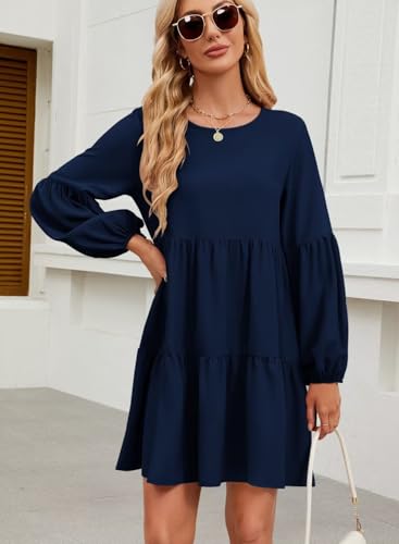 Image of QACOHU Falll Dresses for Women 2026 Crew Neck Long Lantern Sleeve Casual Loose Flowy Swing Shift Dress