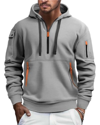 EDITCOZY Mens Half Zip Fleece Jumper Hoody Long Sleeve Sweatshirts Zip Up Pullover Jumper with Pockets Grey 2XL