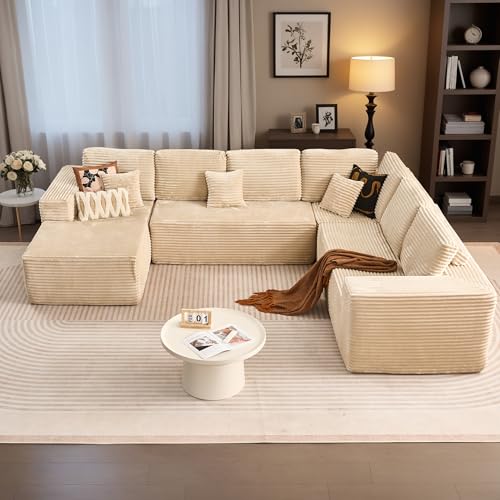 Image of HOOOWOOO Cloud Sectional Couches for Living Room,Modular Sectional Sofa No Assembly,133X108 Inch Plush Corduroy Large U Shaped Floor Couch Set with Deep Seat Left Chaise(Beige)