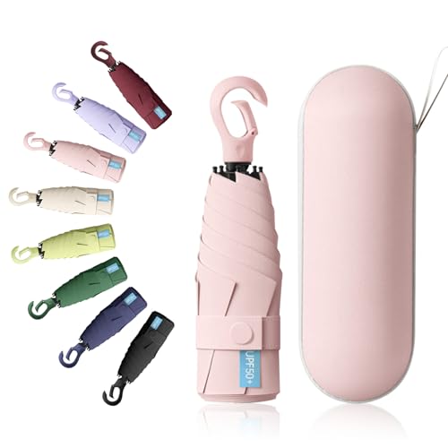 Image of Detontek 6 Ribs Mini Travel Umbrella, Mini Folding Umbrella, Small Umbrella, Pocket Umbrella, Umbrella With Buckle Handle, Dual Purpose, With Storage Box (Pink)