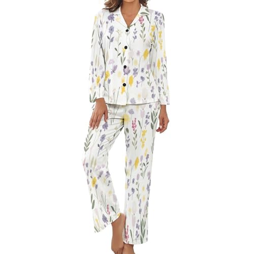 Pyjama femme 2 pièces grande taille avec haut boutonné et pantalon fleuri imprimé papillon
