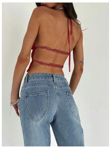 MakeMeChic Women's Open Back Halter Top Sleeveless Tie Backless Y2K Crop Going Out Tops3