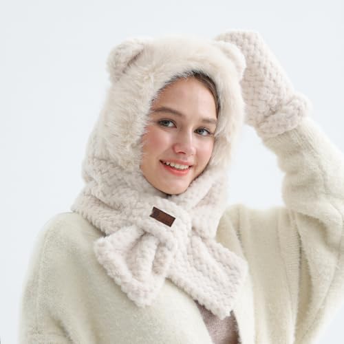 Winter Fleece Bear Neck Warmer Hat Women Windproof Ear Warmer Beanies Thick Cycling Hats Scarf Set of Two2