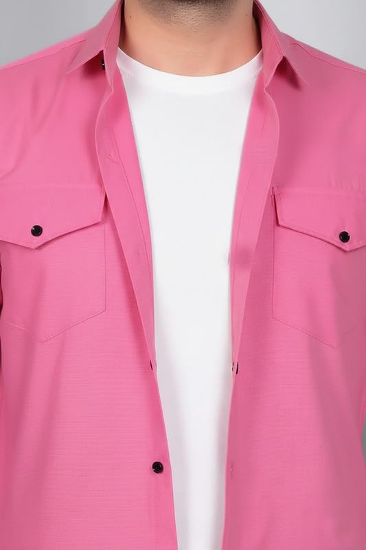 Image of DEELMO Men Solid Slim Fit Casual Overshirt Style Shirt | Full Sleeve Button-Down Layering Shirt Smart Casual Look