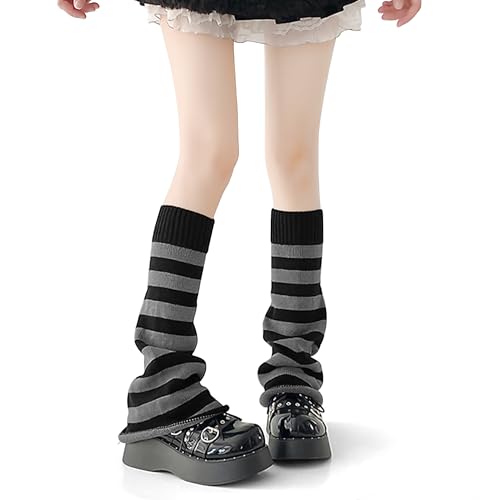 HEMOUR Leg Warmers for Women, Y2K Legwarmers for Girls, Fall Winter Halloween Gifts, Harajuku Kawaii Gyaru Cutecore Gothic Fashion Accessories Cute Flared Socks, Black Grey Stripe