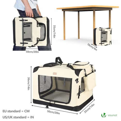 VOUNOT Hundebox faltbar, Transportbox Katze Hunde, Hundetasche, Oxford-Gewebe, Netzstoff, Atmungsaktiv, Transportabel, Metallrahmen, mit Griffen, Taschen, 50x35x36cm S, Beige