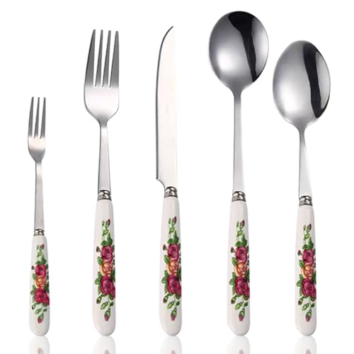 Besteck Set,ESYFOR 5 Stück Edelstahl Besteckset Hochglanzpoliert Elegantes Florales Muster Essbesteck Gabel Löffel Spülmaschinenfest für Familie...