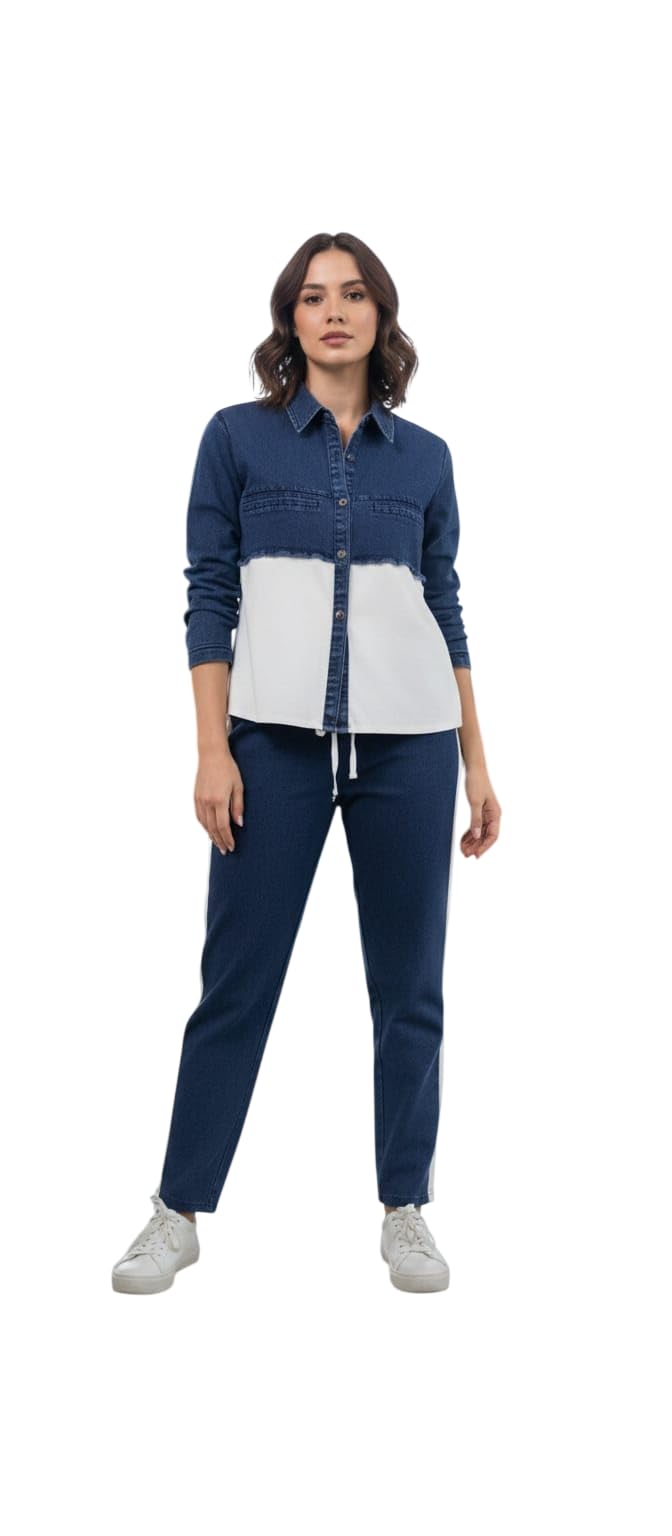Women’s Denim Co-ord Set with Colorblock Shirt & Slim Fit Jogger Pants – Casual Blue and White Full Sleeve Outfit with Sneakers Look-image-15