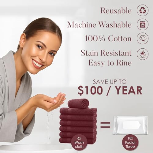 Image of DAN RIVER 12-Pack Premium 100% Cotton Pomegranate Face Towels for Bathroom - Reusable Face Wash Cloths for Showering 12x12 Inches - 550 GSM Super Soft & Absorbent Luxury WashCloths for Body, Spa & Gym