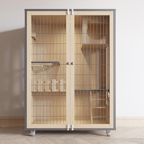 Luxury Cat Villa - Large Multi-Level Indoor Enclosure with Iron & Wood Design, Lockable Wheels, Night Light & Activity Modules - Perfect for Multiple Cats