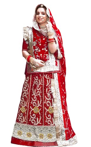 Image of Heavy Embroidery Work Semi Stitched Shimmer Silk Rajputi Poshak For Women Rajasthani Lehenga Choli