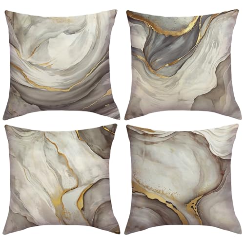 JAERUE Marble Texture Decorative Throw Pillow Covers 18 x 18 Inch White and Gold Art Ink Pillow Case Modern Abstract Luxury Cushion Covers 4Pack Boho Decor for Couch Sofa Porch (White/Gold)