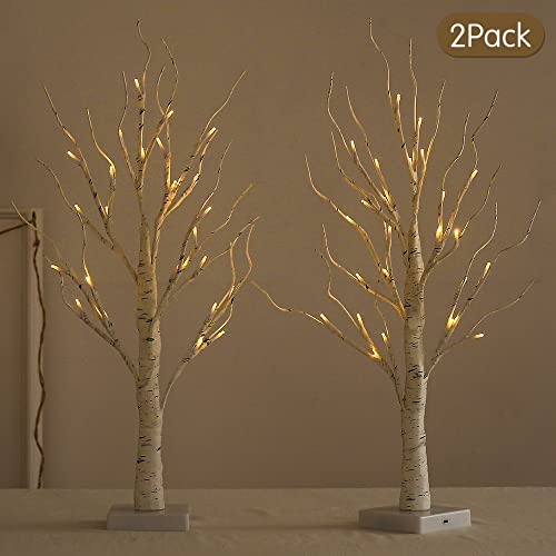 Nowsto Lighted Birch Tree, 2 Pack 2Ft Tree Indoor, Battery Operated Artificial Tree With 24 Warm White Lights, Inside Artificial Branch Tree For Christmas Home Wedding Decor Tabletop Tree Decoration #TOP1