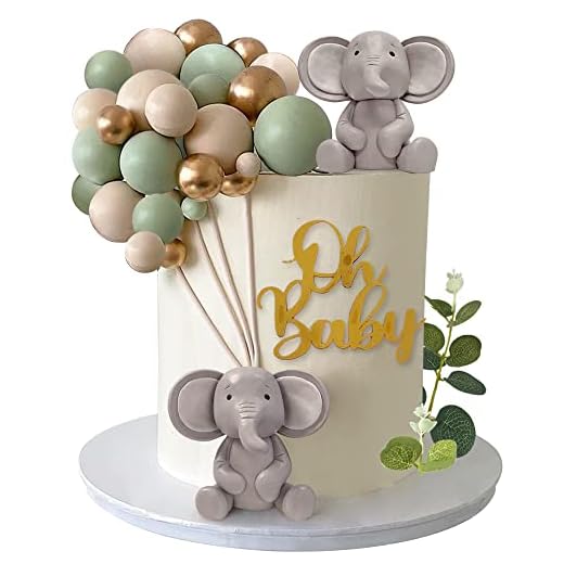 26 PCS Elephant Cake Decoration Cute Baby Elephant Cake Decorations Pearl Balls Cake Picks Eucalyptus Leaves Decoration Elephant Baby Shower Cake Decoration