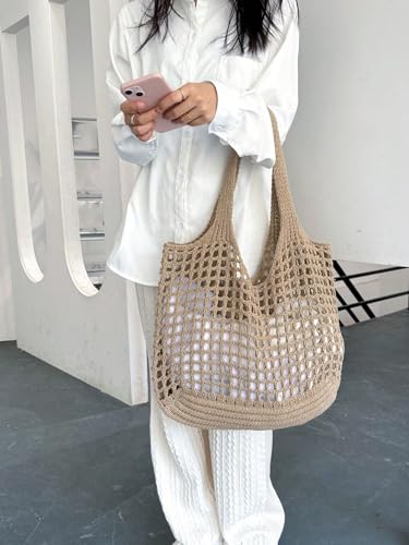 Image of SweatyRocks Women's Crochet Beach Mesh Tote Bags Retro Hobo Knitted Fishnet Handbags Khaki one-size