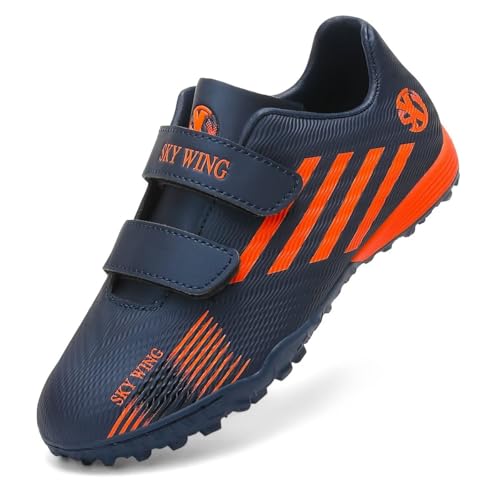 SKY WING Boys And Girls Soccer Cleats IC Or IN Sole Soccer Shoes For Unisex Kid Indoor Outdoor Hook & Loop Football Shoes Suitable Little Kid And Big Kid Deep Blue 37 EU