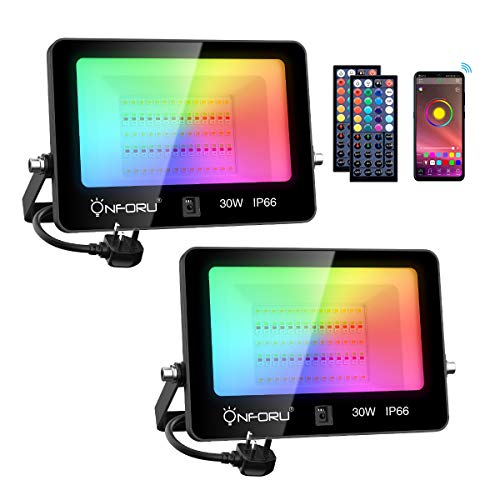 Onforu 30W RGB LED Floodlights, App Control Colour Changing Flood Light with Remote, Music Synchronization, Timing, 2700K Warm White, IP66 Waterproof Outdoor Coloured FloodLights for Party, Garden
