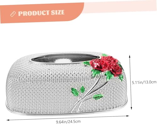 Image of Luxury Golden Tissue Box Cover with Red Rose Design Decorative Rhinestone Napkin Holder for Home Office Bathroom Car Elegant Gifting Idea for Weddings, Housewarmings (Silver)