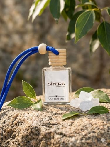 Image of SiYERA Hanging Car Perfume with Essential Oils | Car Air Freshener 10ml | Long-Lasting Aroma in Glass Bottle with Wooden Diffuser Lid (Camphor)