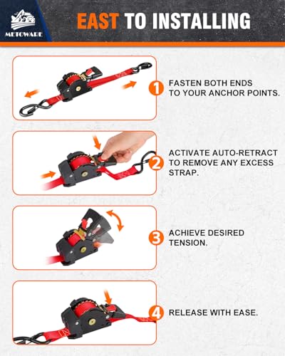 Image of METOWARE Retractable Ratchet Straps (4-Pack) - 1 in x 10 Ft (1500lb Break Strength) - Heavy Duty Auto Self Retracting Tie Down Straps for Truck, Trailer, Cargo Van, Motorcycle - Red