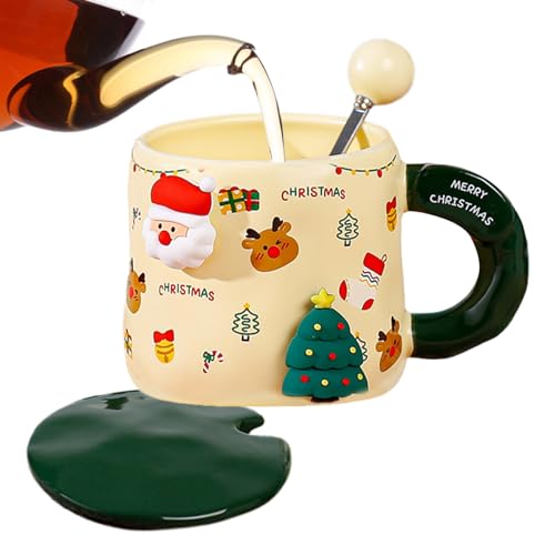 Ristyur Taza De Cerámica De Café De Navidad | Tazas De Té De Papá Noel | Taza De Té Navideña con Muñeco Nieve con Tapa Y Cuchara | Linda Taza Café Festiva | Regalo De Taza Cerámica Magnética Navideña