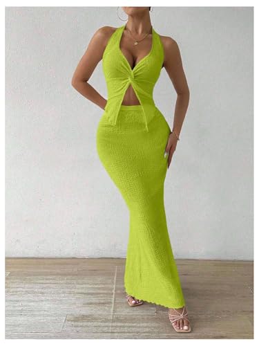 Image of SOLY HUX Women's Two Piece Outfits Twist Front Halter Cami Tops and Skirt Summer Set