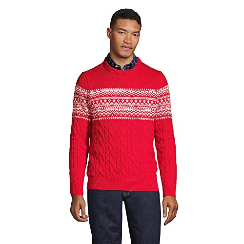 Lands' End Mens Lighthouse Fair Isle Cable Crewneck Sweater Red/Ivory Cable Ski Fairisle Regular Large #TOP21