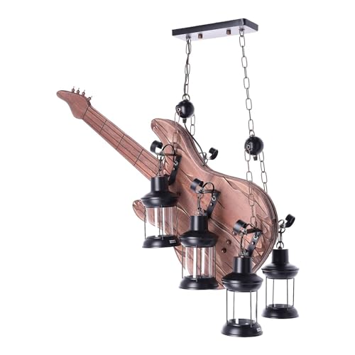 TIBU Hängeleuchte aus Holz Gitarre Vintage Wohnzimmer Esstisch E27 höhenverstellbar 2 flammig
