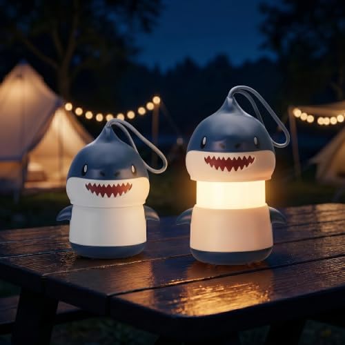 WORKPRO 2-Pack Kids Camping Lanterns with RGB Lights Battery Powered with Lanyard Fun Night Light Gifts for Kids - Shark Design