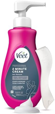 VEET Professional 2 Minute Hair Removal Cream For All Skin Types with Shea Butter | Effective Full Bikini Hair Removal, Pubic Hair Removal Gel | Dermatologically Tested | 13.5 FL OZ Bottle w/Spatula
