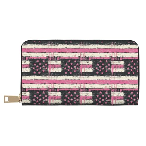 Leather Thin Slim Wallets for Women & Men - Pink Flag Print Card Wallet Holder with Zipper