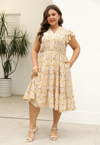 Image of Keluummi Plus Size Wedding Guest Midi Dresses for Curvy Women, Summer Casual Floral Short Sleeve A Line Sundress with Pockets(24 Plus, 02 - Light Yellow Floral)