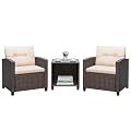 Greesum 3 Pieces Patio Furniture Sets Outdoor PE Rattan Wicker Chairs with Soft Cushion and Glass Coffee Table for Garden Backyard Porch Poolside, Beige