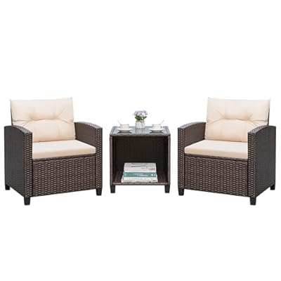 Greesum 3 Pieces Patio Furniture Sets Outdoor PE Rattan Wicker Chairs with Soft Cushion and Glass Coffee Table for Garden Backyard Porch Poolside, Beige