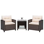 Greesum 3 Pieces Patio Furniture Sets Outdoor PE Rattan Wicker Chairs with Soft Cushion and Glass Coffee Table for Garden Backyard Porch Poolside, Beige