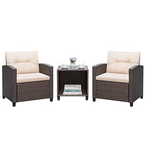 Greesum 3 Pieces Patio Furniture Sets Outdoor PE Rattan Wicker Chairs with Soft Cushion and Glass Coffee Table for Garden Backyard Porch Poolside, Beige