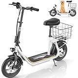 Caroma Peak 560W Electric Scooter Adults, Electric Scooter with Seat and 12' Shock-Absorbing Tires, 188Wh Battery up to 12 Miles&20MPH, Foldable Adult Scooter with Basket for Commuting(White)