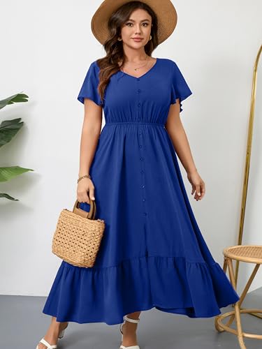 Image of RWJ Women Plus Size Maxi Dress V Neck Short Sleeve Button Trim Split Flowy Tiered Casual Long Dresses 2025 L-3XL