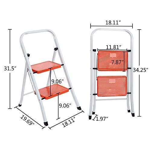 LUISLADDERS 2 Step Ladder Folding Step Stool Heavy Duty Ladders with Handgrip Anti-Slip Sturdy and Wide Pedal Multi-Use for Home and Kitchen 330lbs