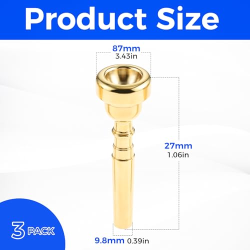 3 Pack Trumpet Mouthpiece 7C 5C 3C Trumpet Mouthpiece Set Compatible with Yamaha Bach Conn King Standard Trumpets for Beginners and Professional Players, Gold