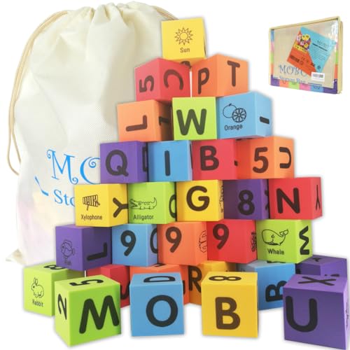 Image of MOBU Foam Building Blocks for Toddlers,30 pcs 2-inch Alphabet Letters Number Blocks with Storage Bag, Learning ABC, 123 Stacking Blocks for Kids
