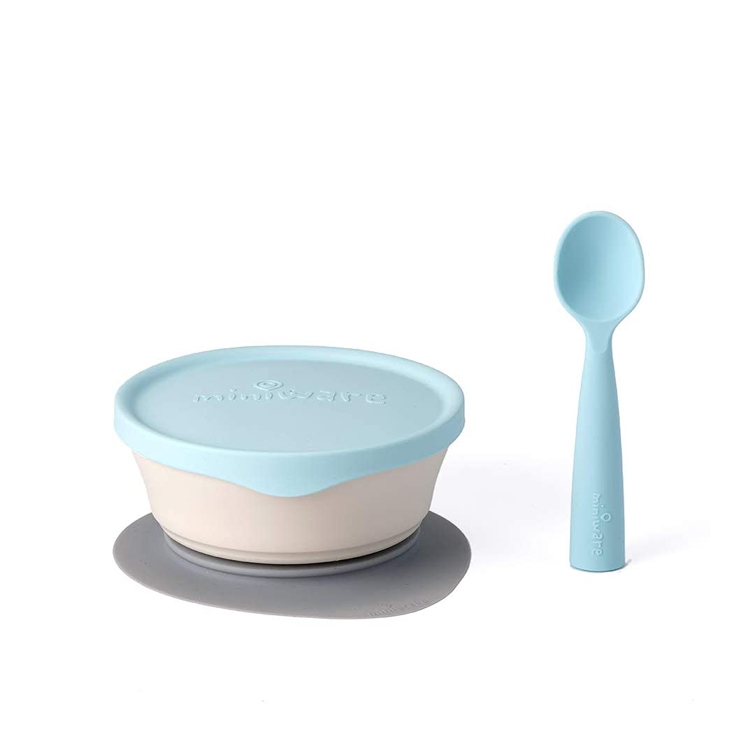 Miniware First Bites Set with Cereal Bowl, Detachable Suction Foot, and Training Spoon for Baby Toddler Kids – Promotes Self Feeding | Eco-Friendly and BPA Free | Dishwasher Safe (Vanilla & Aqua)