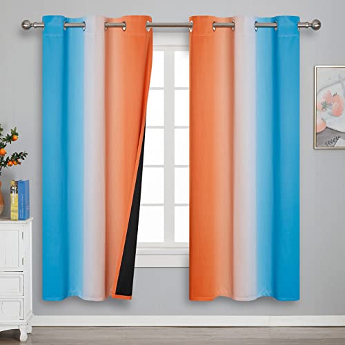 Ombre Orange and Blue Blackout Curtains 72 Inch Length 2 panels, Full Room Darkening Curtains for Bedroom, Thermal Insulated Gradient Drapes, Full Light Blocking Curtains with Grommet, 42x72 Inch