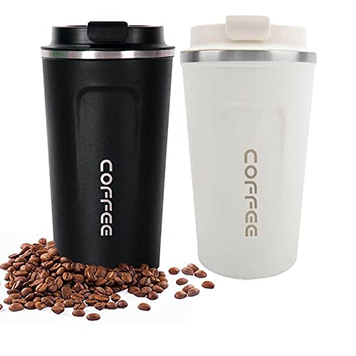 2 Stücke Thermobecher, 380ml Kaffeebecher to go, Rutschfest Edelstahl Termokaffeebecher, Travel Mug mit Auslaufsicherem Deckel, Doppelwandig Isoliert Autobecher, Isolierbecher für Kaffee und Tee Cover