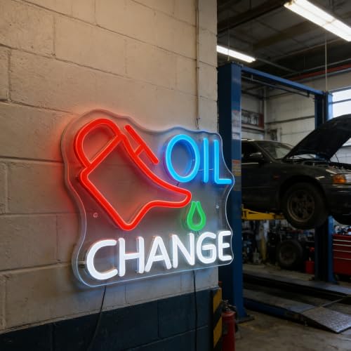 Image of Oil Change Neon Sign, Dimmable LED Neon Light Sign for Wall Decor, Mechanic Themed Neon Wall Light for Garage, Auto Shop, Man Cave, Bar, Bedroom, Game Room, Gift for Car Lovers Mechanics (OIL CHANGE)