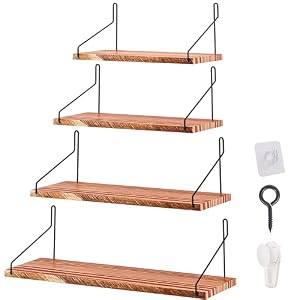 ウォールシェルフ 天然松木製 4個セット 50cm/42cm/36cm/29cm 壁掛け棚 壁を傷つけない 穴あけ不要 賃貸OK 取り付け簡単 壁面収納 玄関 キッチン バスルーム リビング用 天然パイン無垢材
