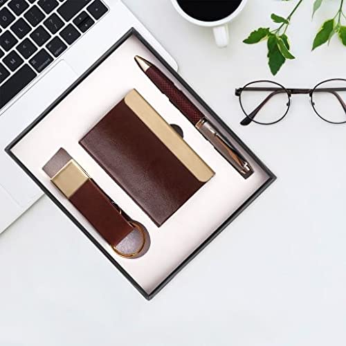 Image of Gift Set with Metal Pen, Magnetic Business /Credit Card Holder and Metal Leather Keychain | Men Gift Items | Birthday Gift Hamper for Boyfriend /Husband /Brother (Brown)
