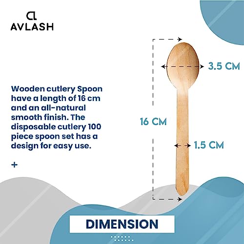 Avlash® [ Pack of 100 ] Disposable Wooden Spoons, Biodegradable Wooden Spoon - 16cm Long | Eco Friendly & Plastic Free Wooden Spoons - Ideal for Wedding, Picnic, Party, Office (Spoons)