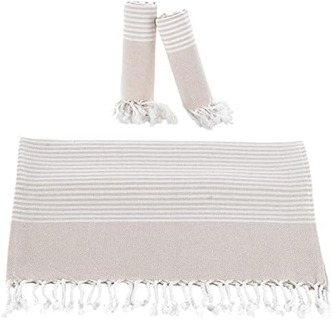 Turkish Hand Towels for Bathroom and Kitchen, 18 x 38 Inches, (Set of 3), 100% Cotton, Decorative Towel | Face, Hand, Gym, Hair, Yoga, Tea Towel, Dishcloth (Beige)